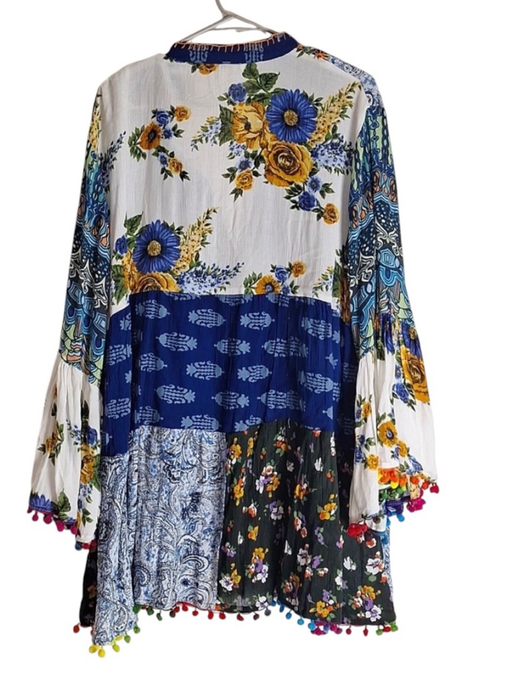 Ananda Design Multicolor Patchwork Mini Dress with Pom Trim - Picture 2 of 8